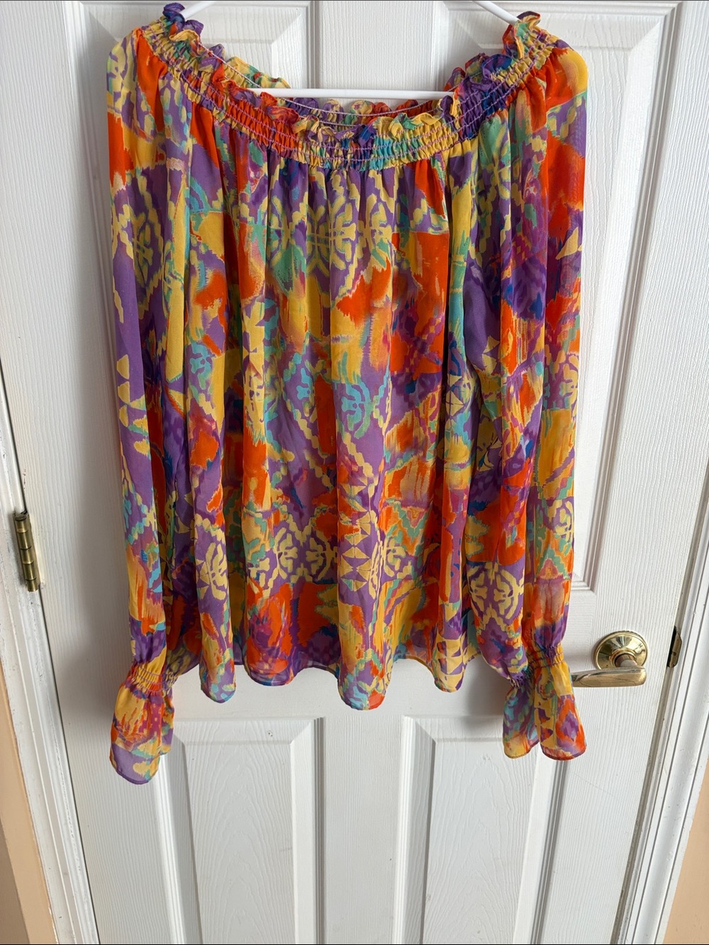Show Me Your Mumu Purple, Orange & Yellow abstract smocked Top blouse medium